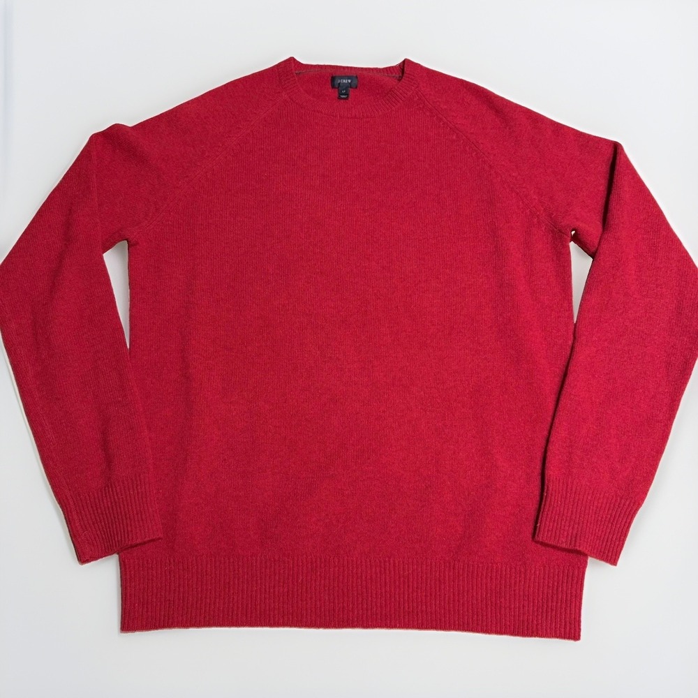 J.Crew Sweater Large Tall LT Crewneck 100% Lambswool Red Raglan Knit Mens